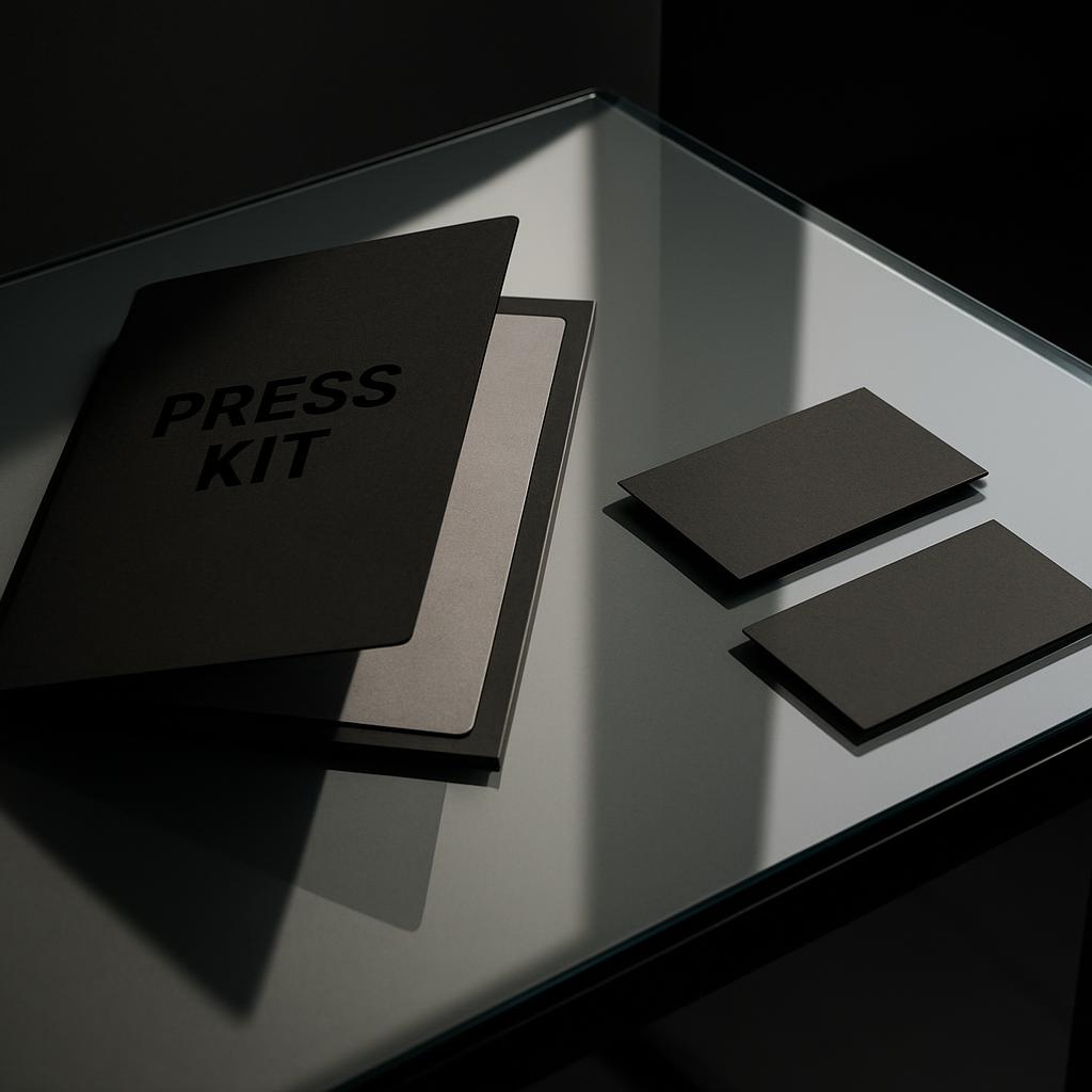 A photograph of a press kit case on a glass table with cards scattered around it.